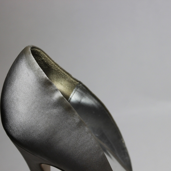AUDREY Brooke Silver Satin Open Toe Heel with Ruffled Flower - Picture 12 of 12